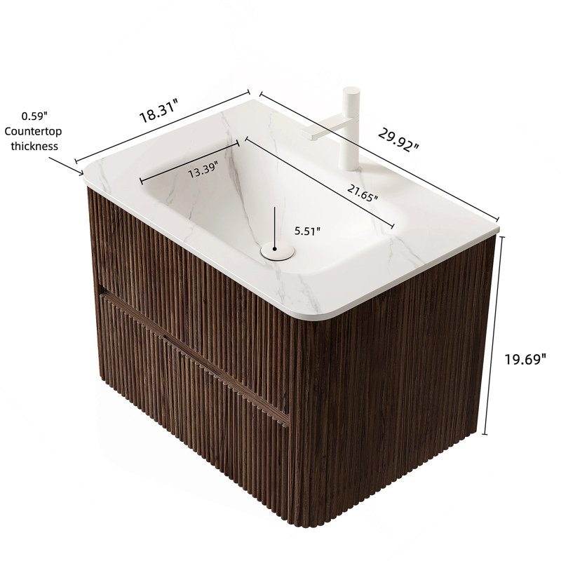 Meuble-lavabo mural flottant avec lavabo et rangement, avec deux tiroirs, lavabo sans couture et installation facile, 30"