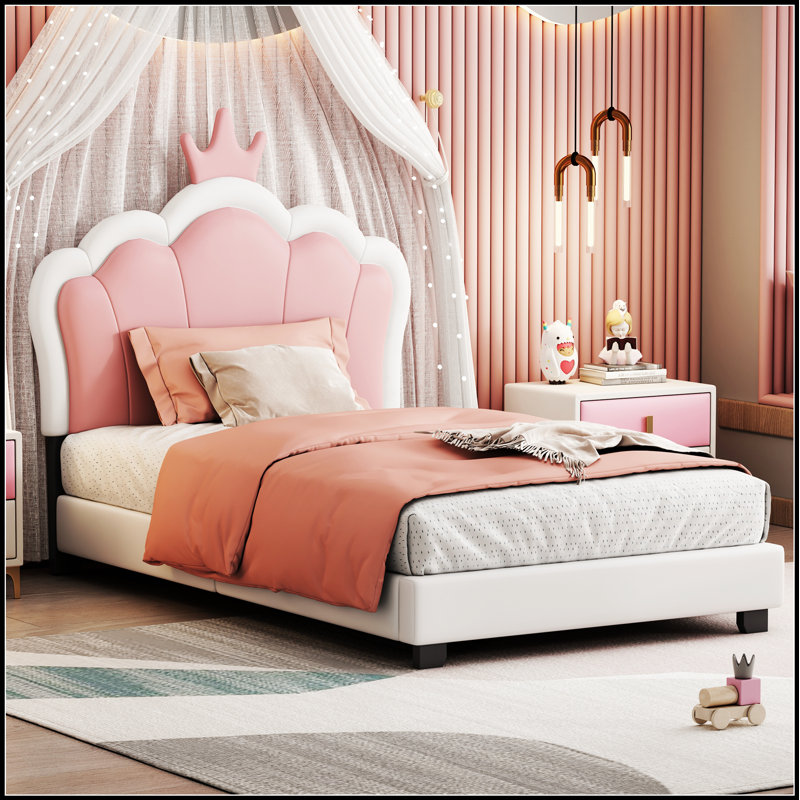 Lit princesse rembourré avec tête de lit couronne, lit plateforme pour un sommeil élégant et confortable, Lit simple, Blanc