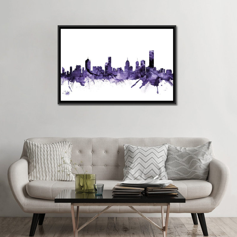 «Melbourne, Australie Skyline» par Michael Tompsett, impression, H 32 po x l 48 po x P 1,5 po, Toile avec cadre noir
