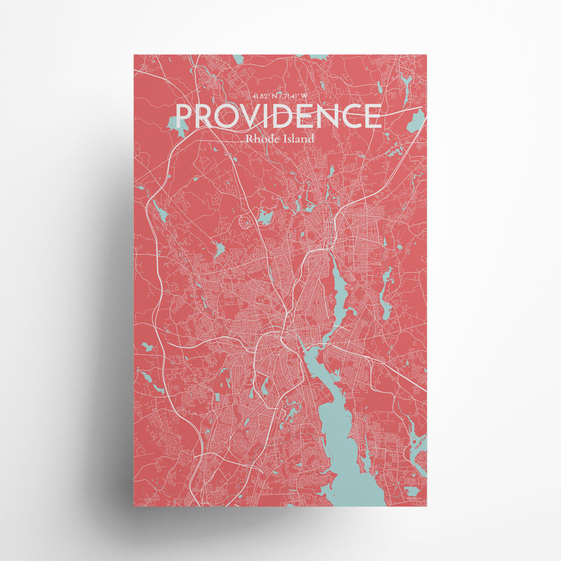 Providence, carte de la ville, impression, H 17 po x l 11 po, Rose / bleu pastel