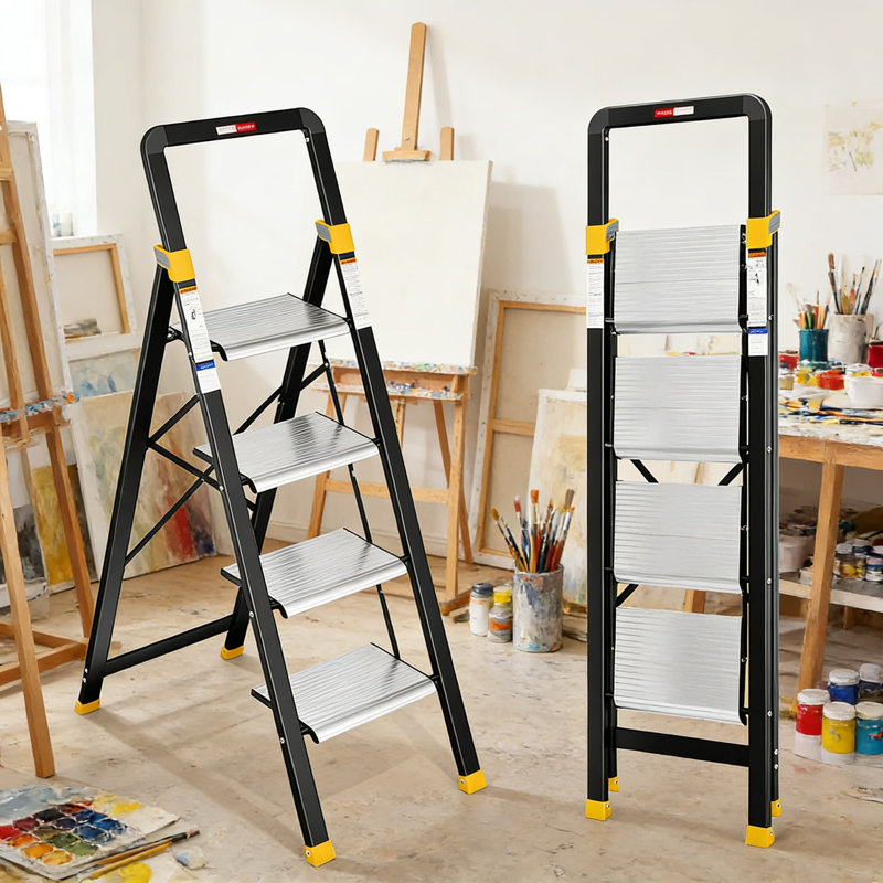 Échelle à 4 marches, tabouret pliant en aluminium avec pédales larges antidérapantes et main courante, capacité de 330 lb, conception peu encombrante pour la maison, la cuisine et le bureau