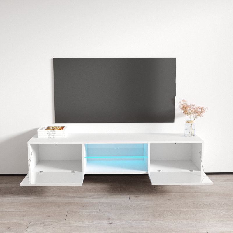 Fly 63" Modern Floating Wall Mounted TV Stand with LED Lighting, High Gloss Finish, White