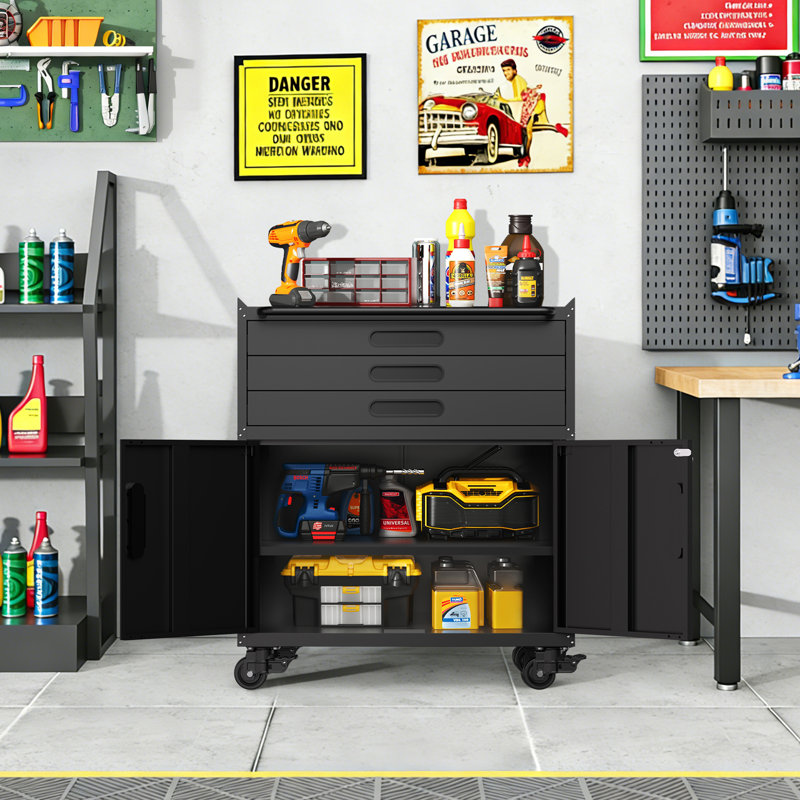 Armoire à outils robuste 34,3 "avec portes verrouillables et 3 tiroirs, rangement de garage mobile tout en acier et établi