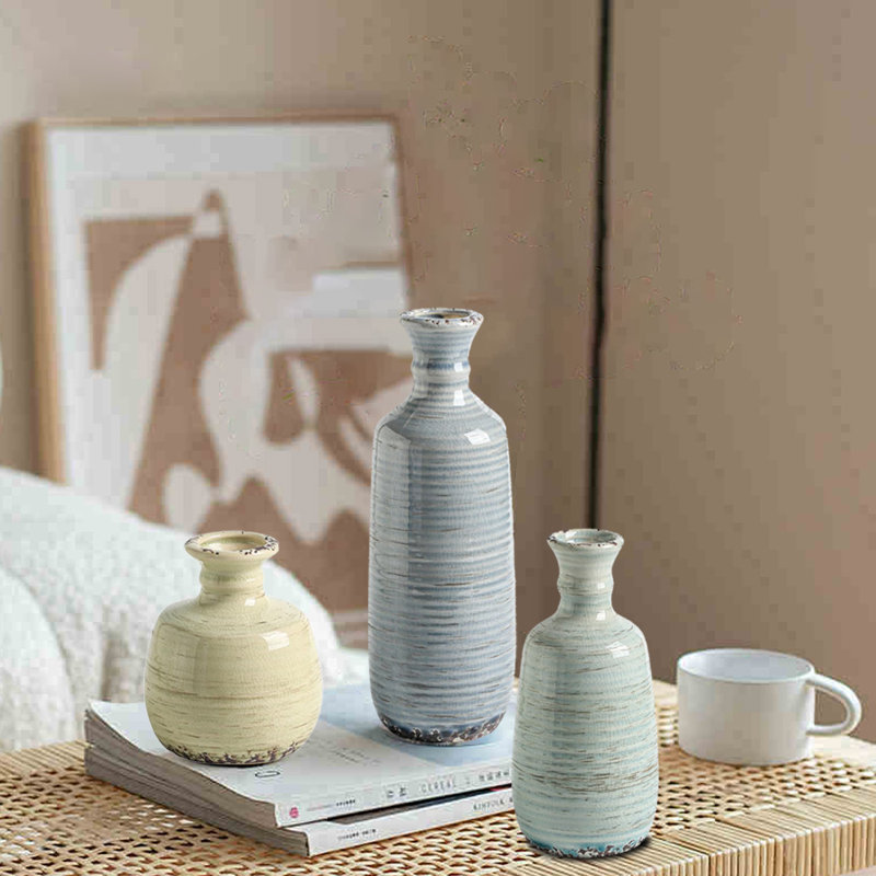 Ensemble de 3 vases en céramique, Bleu, vert et beige