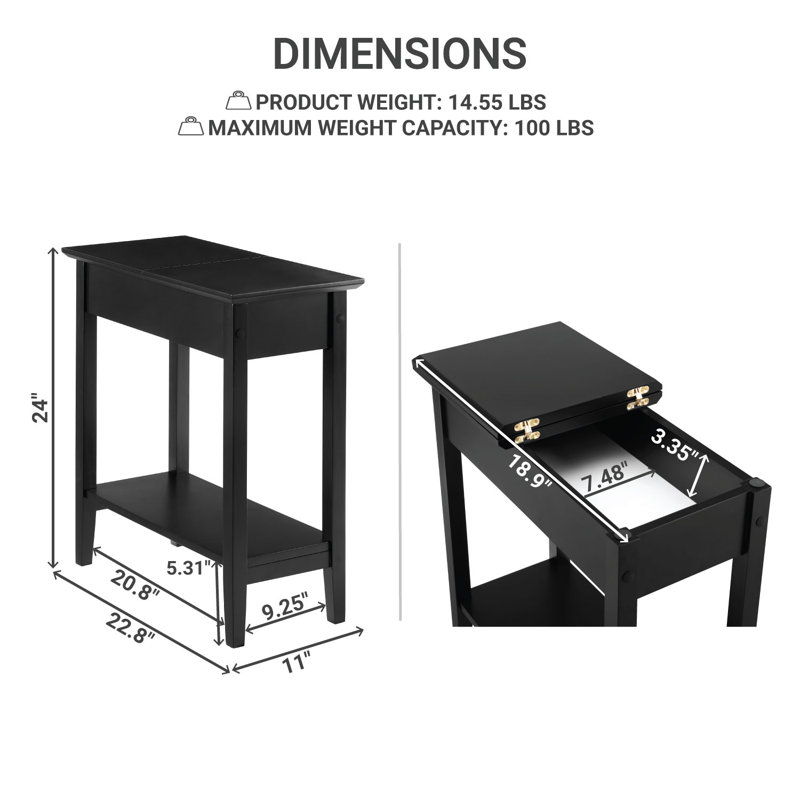 Table de bout moderne avec rangement rabattable et tablette ouverte Jonica, Noir