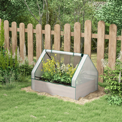 Raised Garden Bed with Mini Greenhouse, Galvanized Outdoor Planter Box with Cover, for Herbs and Vegetables, Use for Patio, Garden, Balcony, White Cov