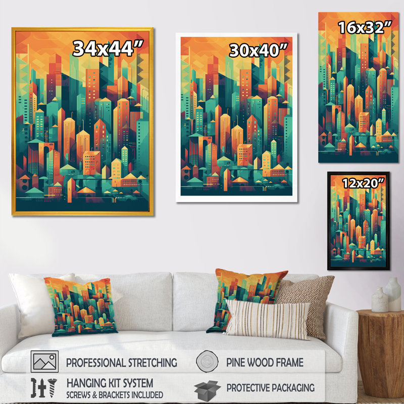 Lynkin " Blue And Orange Retro Cityscape II ", Black Picture Framed, 40" H x 30" W x 1.5" D