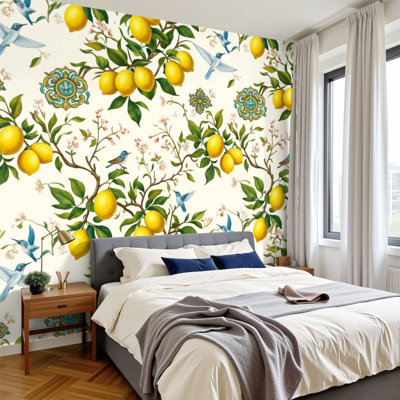 Peel and Stick Wallpaper Botanical Floral Blue Birds Yellow Lemons Wall Murals 100"H x 144"W Removable PVC Wall Paper Self-Adhesive Wall Paintings Art Decor for Bedroom Living Room