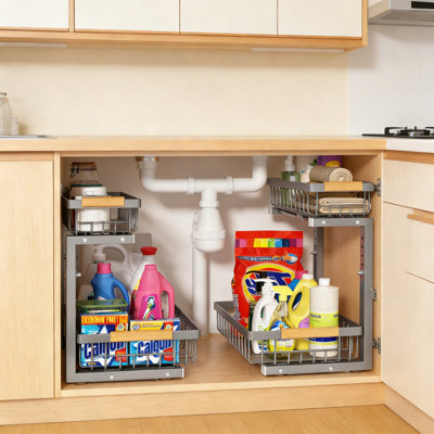 2-Tier Under Sink Organizer, Slide-Out, Adjustable, Grey, 2-Pack