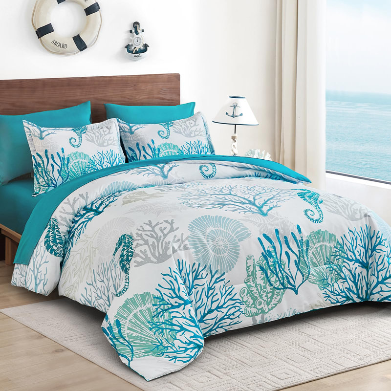 7-Piece Coastal Beach Comforter Set, Ocean Nautical All-Season Bedding, Coral/Seahorse