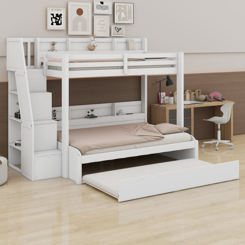 Storage Staircase Bunk Bed With Trundle And Integrated USB LED Lighting, White