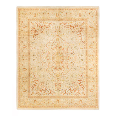 Tapis ivoire en laine noué à la main de conception unique 8 pi 2 po x 10 pi 2 po Kinzington