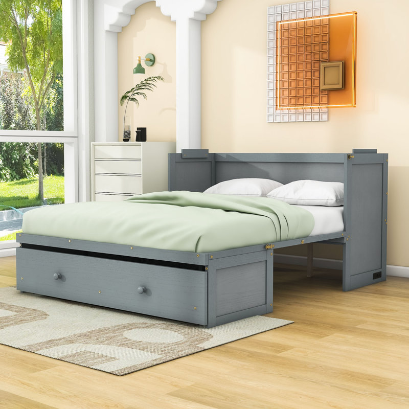 Lit escamotable en bois avec tiroir de rangement, port USB et lattes, Complète, Blanc