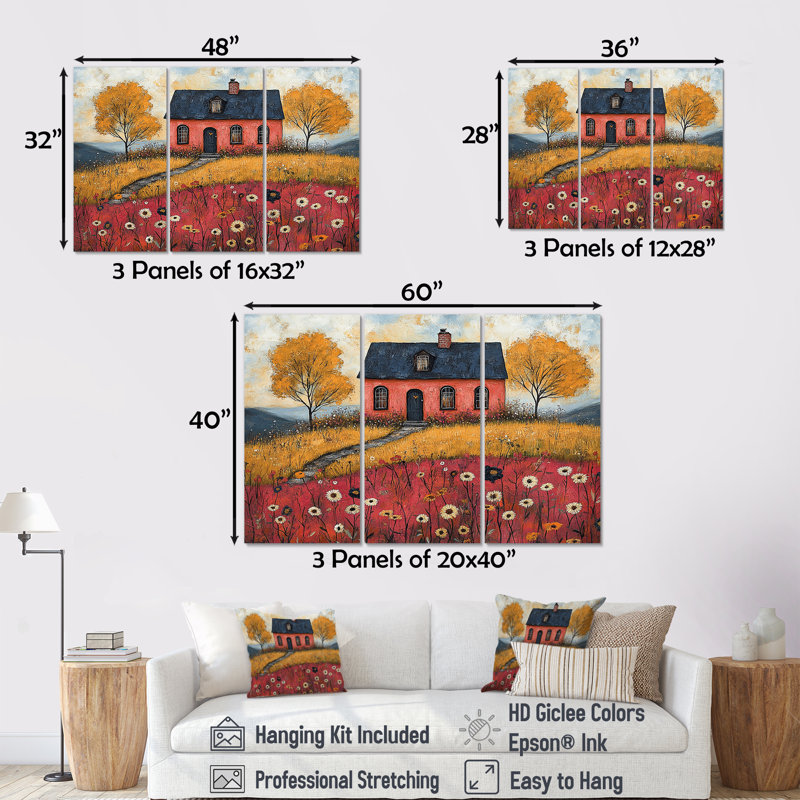 Paysage d'automne rouge - ensemble de décorations murales maison de campagne, Toile tendue, H 28 po x l 36 po x P 1 po