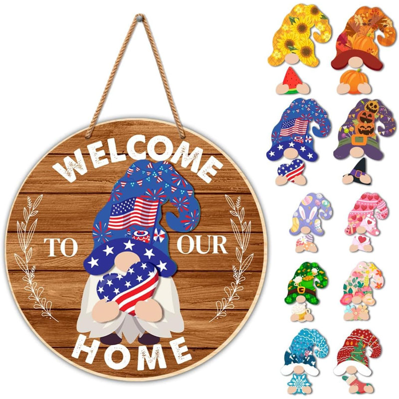 12" x 12" Round Seasonal Gnome Interchangeable Decor 21 pack by Wooden Wall Art