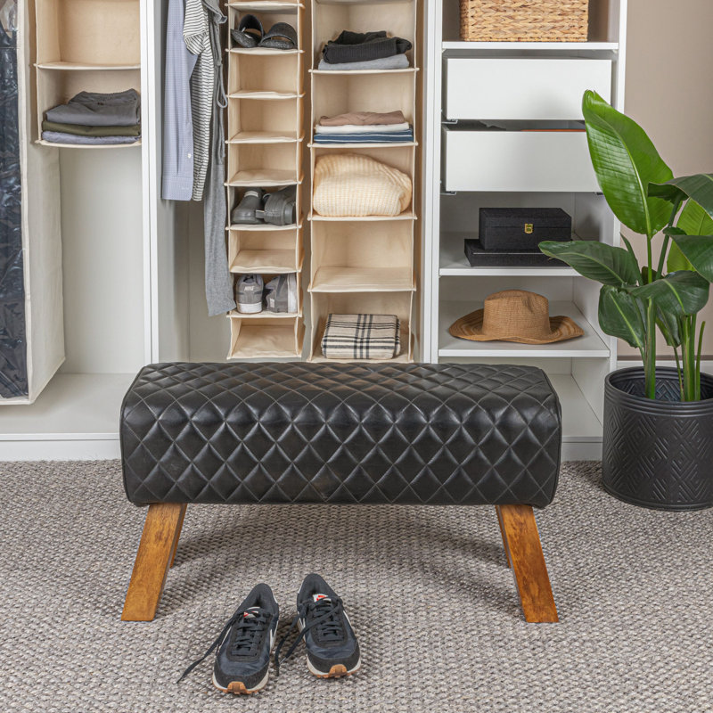 Banc en cuir véritable cousu Elijah avec pieds en bois de manguier, noir, Noir, noir, noir, noir