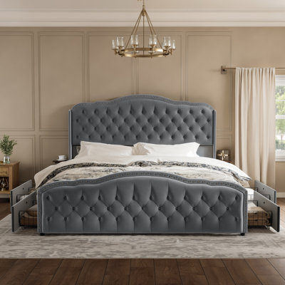  Maber Upholstered King Bed with 4 Drawers, Storage Platform Bed with 2 Bedside Tables , Velvet Wingback Bed, No Boxing Spring Needed, Gray