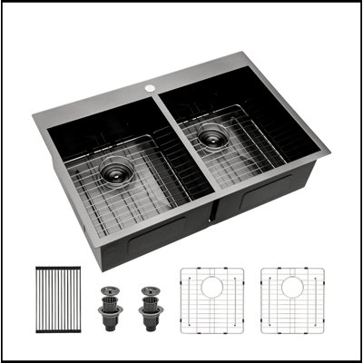 Double Bowl Drop In Sink- 33"X22" Gunmetal Black  Double Bowl Kitchen Sink 18 Gauge With Two 9" Deep Basin