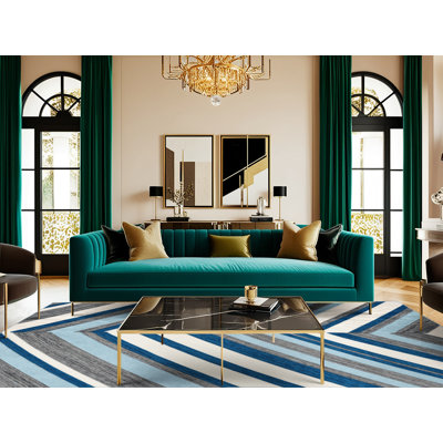  Washable Ice Blue Light Grey Striped Area Rug