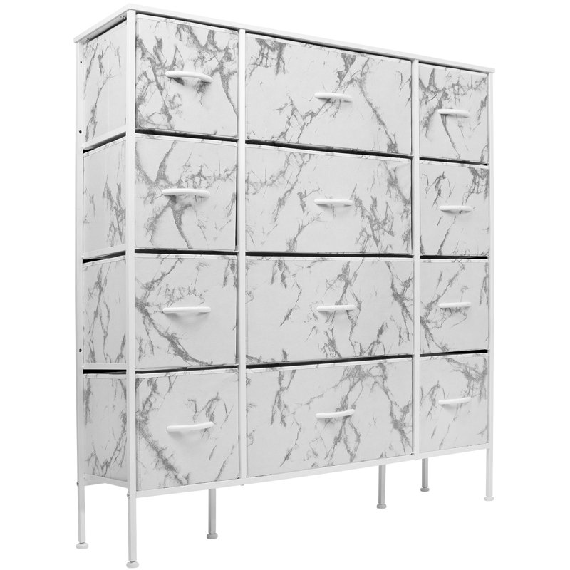 Sorbus White 12-Drawer Vertical Dresser with Marble Print Fabric Bins
