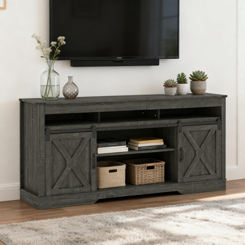 58'' Media Console TV Stand for TVs Up to 70" - Farmhouse Modern Style with Sliding Doors & Adjustable Shelves, Gray