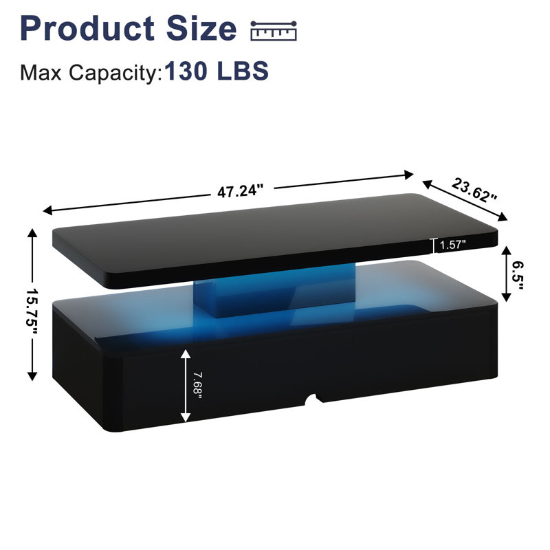 40" Modern Coffee Table With Led Light For Living Room, 15.7" H x 47.2" W x 23.6" D, Black