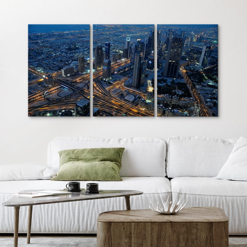 Œuvre d'art moderne moderne avec lumière bleue, horizon de la nuit, estampe numérique, Toile tendue, H 24 po x l 48 po