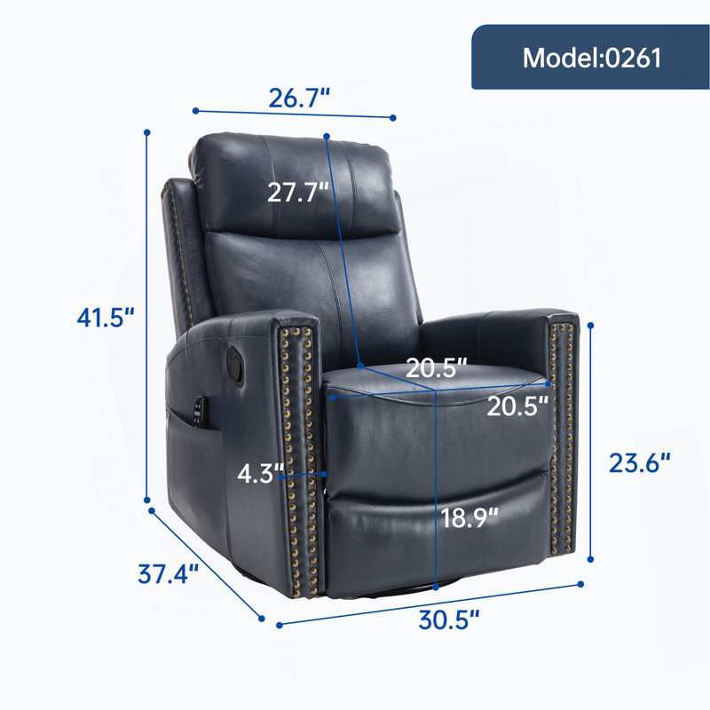 Genuine Leather Heat Massage Manual Recliner Chair With Rocker And Swivel For Living Room, Blue