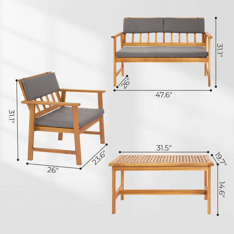 Ensemble de conversation en bois massif avec coussins 4 pièces Semion