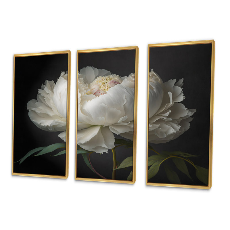 " Blooming White Peony VI " 3 - Pieces, 32" H x 48" W x 1" D, Gold