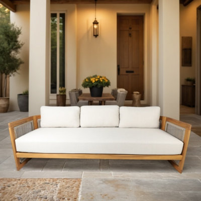 Guzal Acacia Wood Rope Weaving Patio Outdoor Three-Seat Sofa With Cream Cushions by Latitude Run