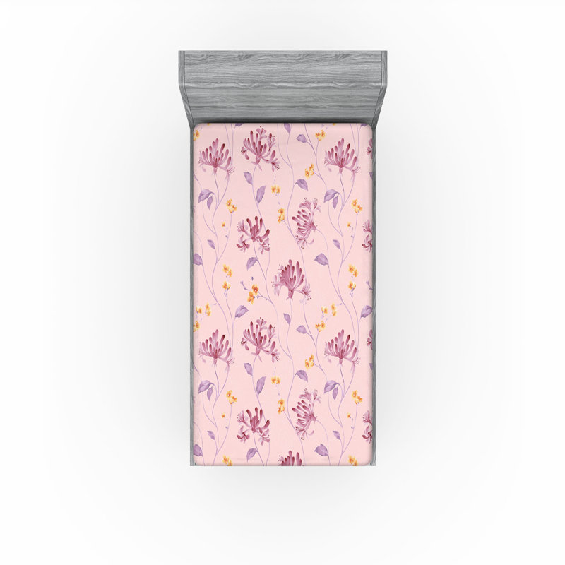 Drap-housse Ambesonne, Drap-housse de taille simple, Rose séchée / motif floral jaune terre