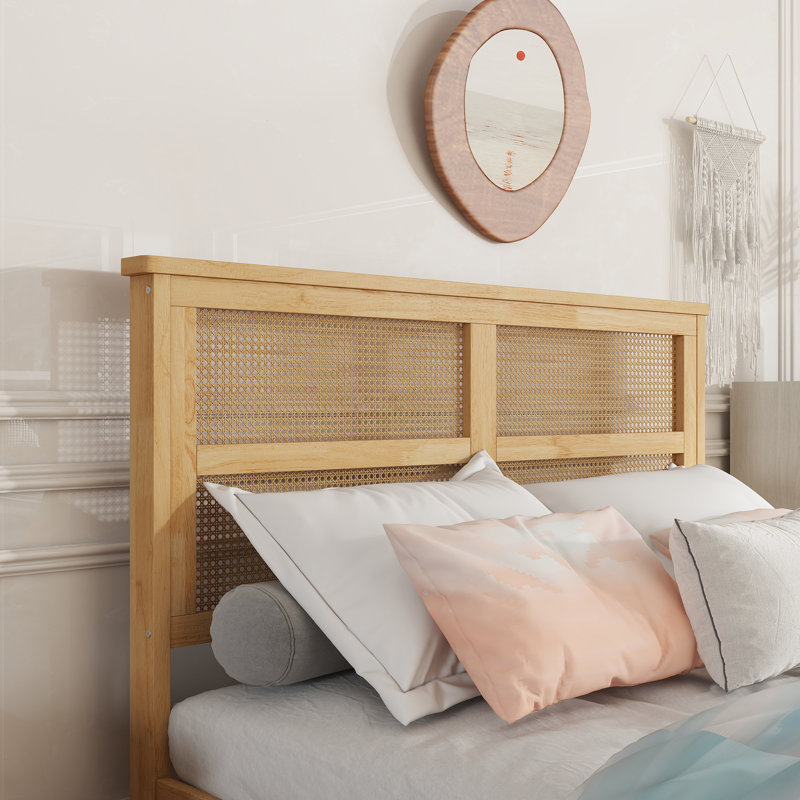 Full White Oak Rubber Wood Bed with Rattan Headboard and Storage Drawers