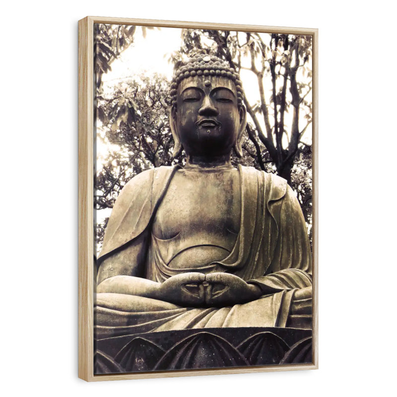 Statue de Bouddha japonais I, Cadre flottant en bois naturel, 31 po x 46 po