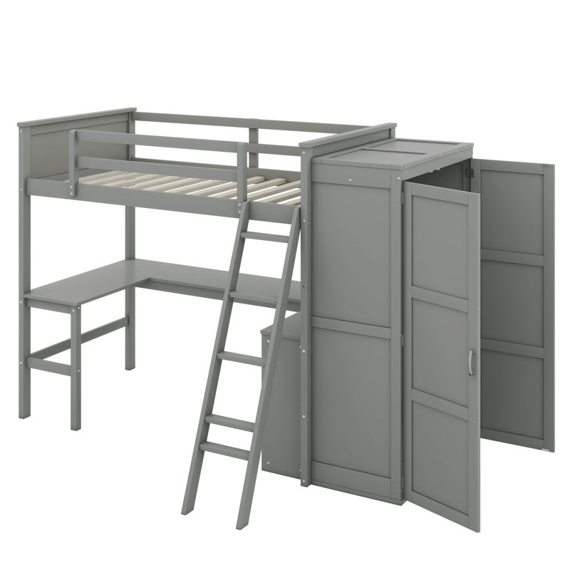 Lit mezzanine simple avec bureau, tablettes et garde-robe, gris