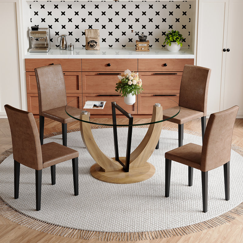 Modern 4‑Seat Round Dining Table Set – Tempered Glass Top Dining Table and Chairs, Kitchen & Dining Room Set