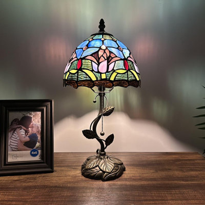 Tiffany Table Lamp Blue Stained Glass Purple Tulips LED Bulb Included 8"W*8"D*16"H