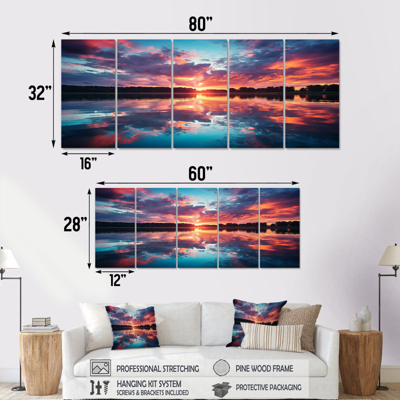 «Horizon Sunset By The Lake III - Lake», ensemble de 5 pièces d'art mural, H 32 po x l 80 po