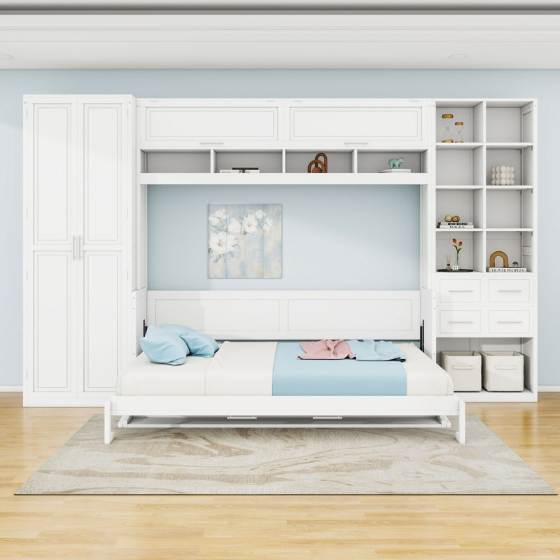 Murphy Bed with Integrated Storage and Customizable Layout, White, Queen