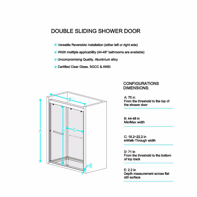 44-48"W X 75"H Double Sliding Shower Door, Aluminium Alloy Frame In Matte Black, 5/16" (8Mm) Thick Tempered Clear Glass
