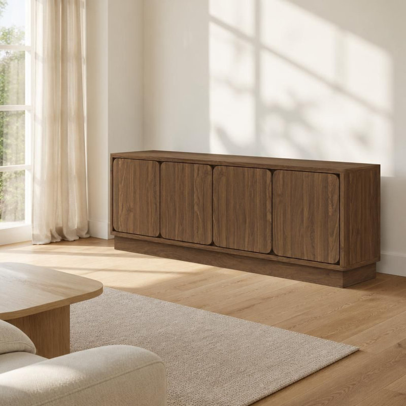 Meuble télé avec 4 portes de rangement fermées, console multimédia robuste en panneaux de particules avec passe-câbles intégrés, centre de divertissement moderne avec étagères réglables et socle surélevé