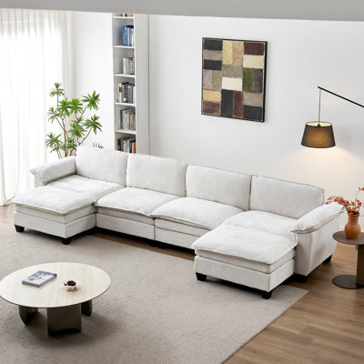 Luxury U-Shape Four-Seater Sofa With Two Ottomans, Soft Chenille Upholstered For Ultimate Comfort And Spacious Lounge Experience.
