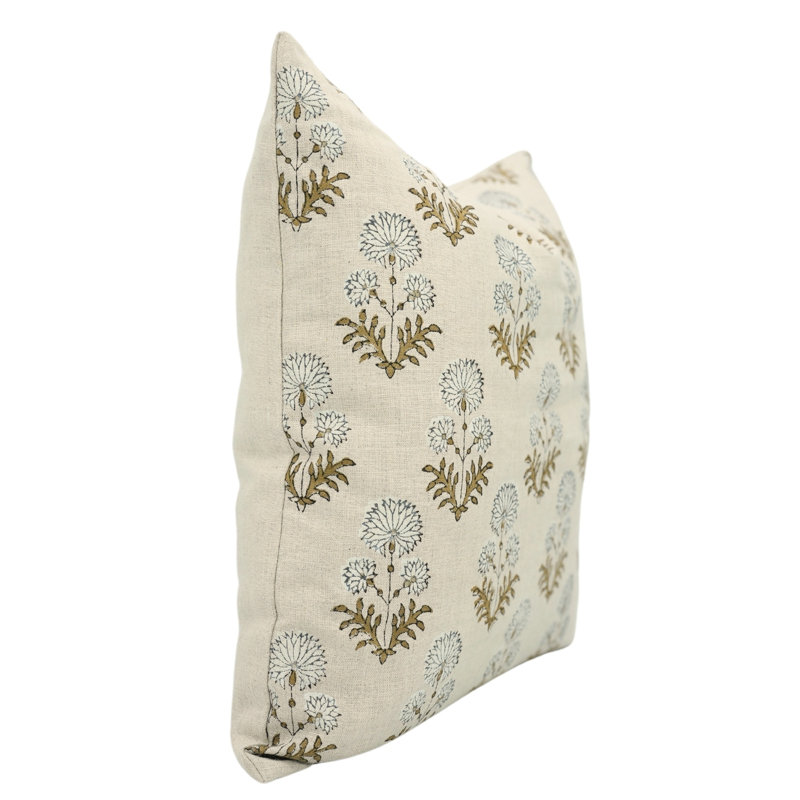 Coussin décoratif en lin fabriqué à la main pour divan, lit et salon Fabcline, Carré, Beige floral 1, H 22 po x l 22 po