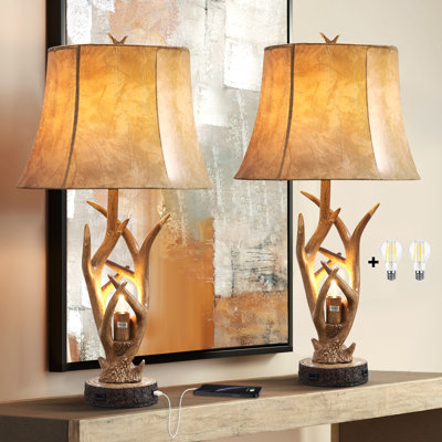 26" Rustic Antler USB Table Lamp with Night Light