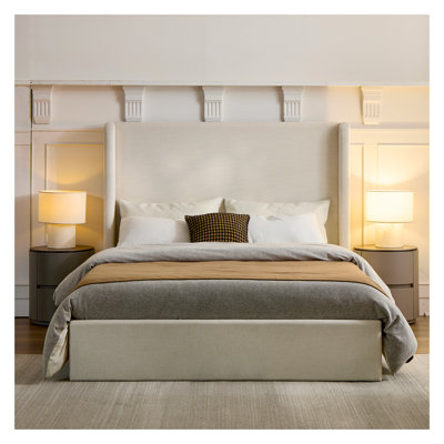 Base de lit tapissier à oreilles Carmen - Lit plateforme haut de 54 po avec tissu chenille texturé ivoire, aucun sommier nécessaire, design minimaliste moderne pour la chambre à coucher (grand lit)
