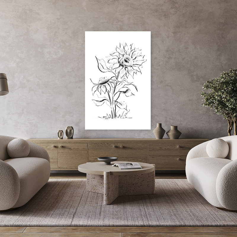 Tournesol croquis au fusain abstrait art contemporain, H 48 po x l 32 po