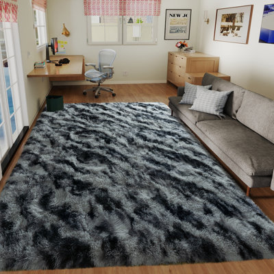 Tapis noir et gris à poil long de 8 pi x 10 pi, idéal pour la décoration de salon, tapis moelleux ultra doux pour les planchers de chambre à coucher, tapis esthétiques convenant aux chambres d'enfants, aux dortoirs et à la décoration intérieure