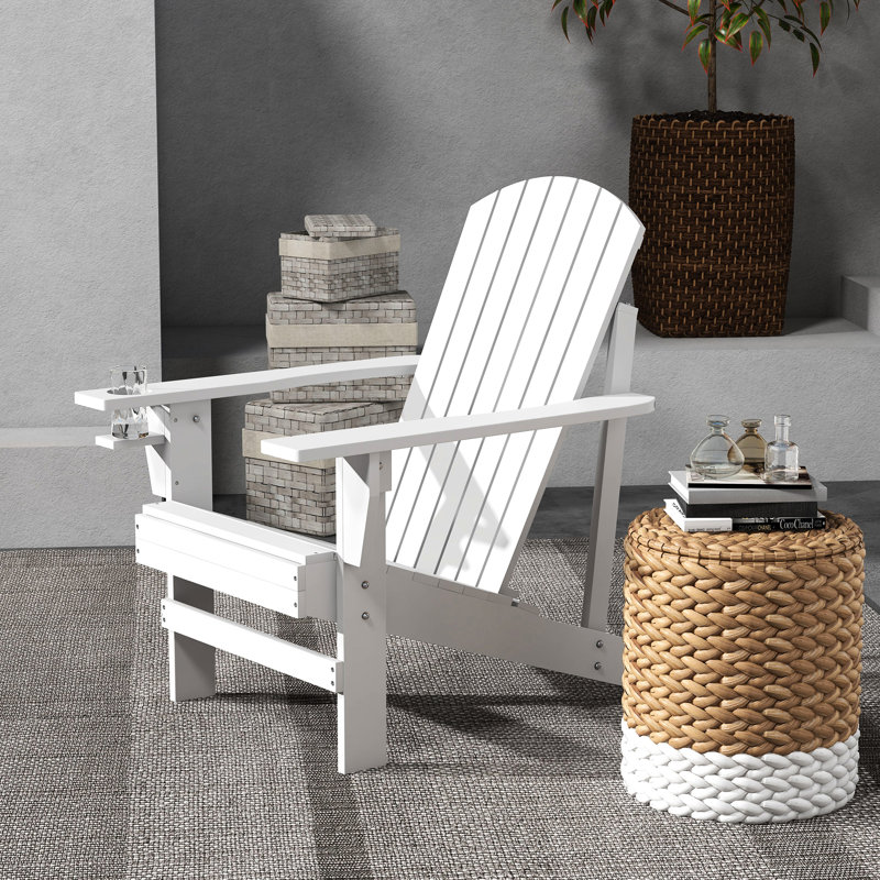 White Wooden Chair With Cup Holder, Great For Outdoor Leisure On Patio, Lawn, Deck, Garden, Backyard, Fire Pit - To Weather