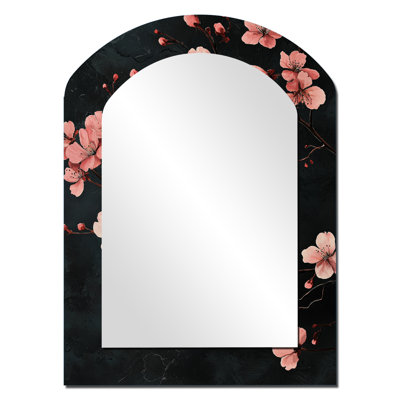 Cherry Blossom Midnight Blooms I - Cherry Blossom Asymmetrical Large Wall Mirror, Traditional Arch Unique Mirror, Printed Metal Art