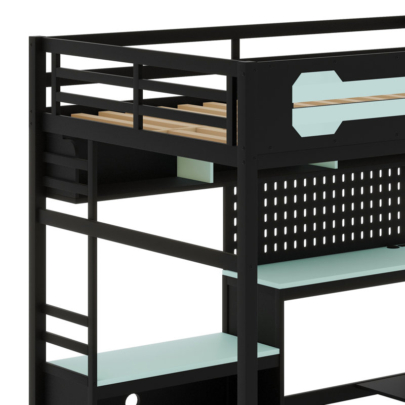 Wood Loft Bed With Desk, Black/Blue